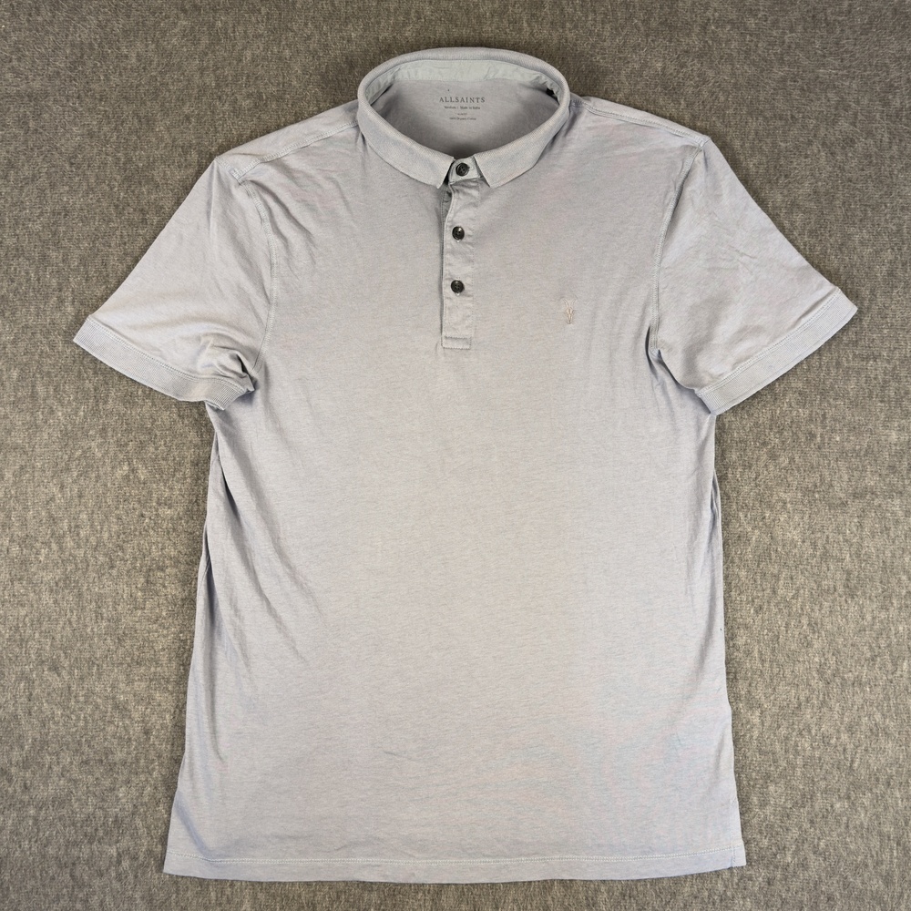 AllSaints Polo Shirt Mens Medium Gray Solid Organic Cotton Jersey Knit Casual